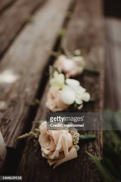 rose wedding boutonnières - knapphålsblomma bildbanksfoton och bilder
