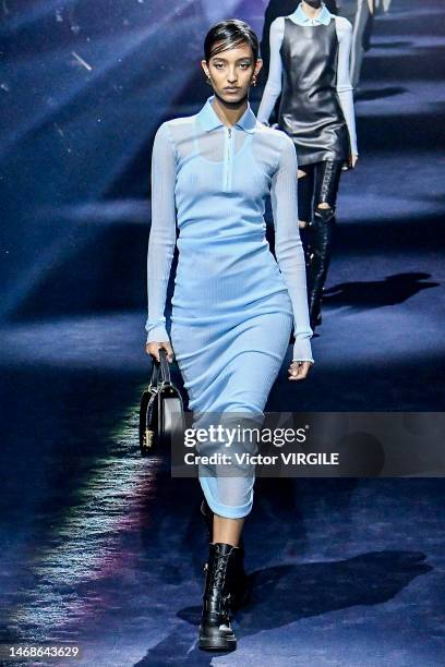 Model walks the runway during the Fendi Ready to Wear Fall/Winter 2023-2024 fashion show as part of the Milan Fashion Week on February 22, 2023 in...