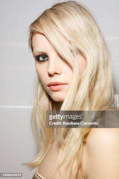 Model poses backstage at the N21 fashion show during the Milan Fashion Week Womenswear Fall/Winter 2023/2024 on February 22, 2023 in Milan, Italy.