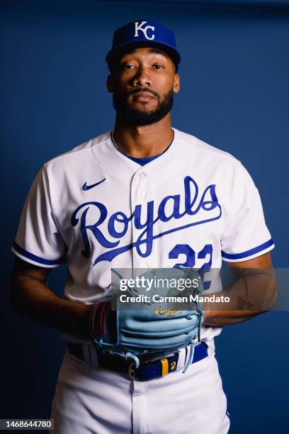 Amir Garrett of the Kansas City Royals poses for a photo on media day at Surprise Stadium on February 22, 2023 in Surprise, Arizona.