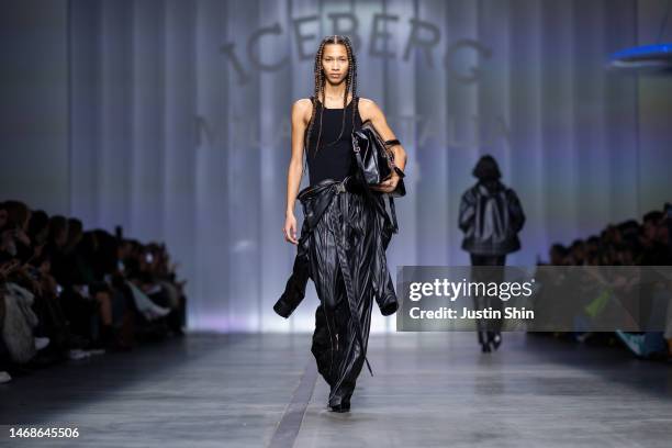 Model walks the runway at the Iceberg Since 1974 fashion show during the Milan Fashion Week Womenswear Fall/Winter 2023/2024 on February 22, 2023 in...