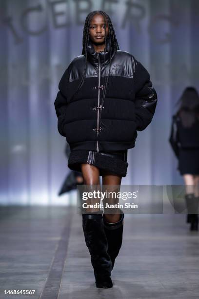 Model walks the runway at the Iceberg Since 1974 fashion show during the Milan Fashion Week Womenswear Fall/Winter 2023/2024 on February 22, 2023 in...