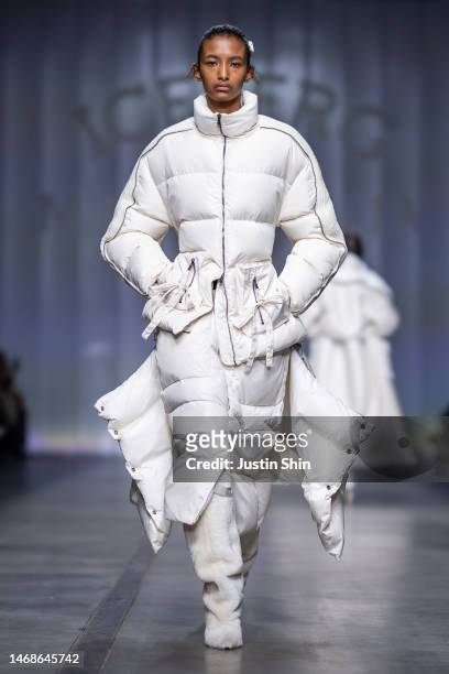 Model walks the runway at the Iceberg Since 1974 fashion show during the Milan Fashion Week Womenswear Fall/Winter 2023/2024 on February 22, 2023 in...