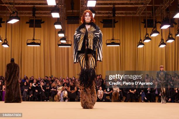 Model walks the runway at the Roberto Cavalli fashion show during the Milan Fashion Week Womenswear Fall/Winter 2023/2024 on February 22, 2023 in...