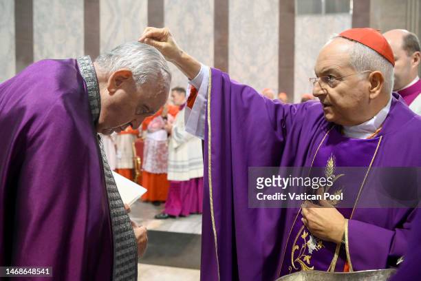 Pope Francis participates in an Ash Wednesday Mass at the Santa Sabina Basilica on February 22, 2023 in Vatican City, Vatican. The rite of the...
