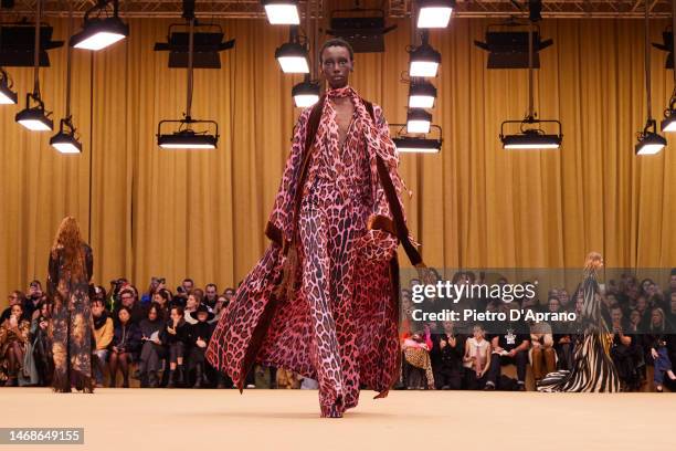 Model walks the runway at the Roberto Cavalli fashion show during the Milan Fashion Week Womenswear Fall/Winter 2023/2024 on February 22, 2023 in...