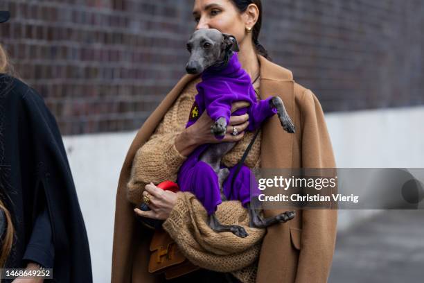 Guest is seen with dog outside Alberta Ferretti during the Milan Fashion Week Womenswear Fall/Winter 2023/2024 on February 22, 2023 in Milan, Italy.