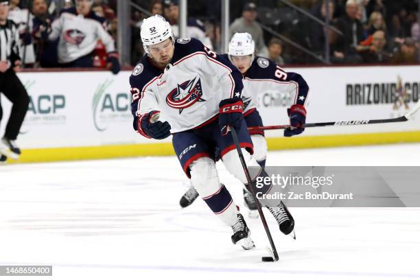 Emil Bemstrom of the Columbus Blue Jackets skates with the puck against the Arizona Coyotes in the third period at Mullett Arena on February 19, 2023...