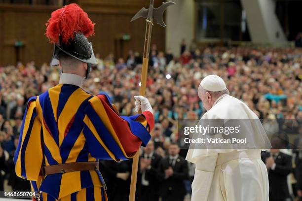 Pope Francis attends his weekly general audience at the Paul VI Hall on February 22, 2023 in Vatican City, Vatican. During his General Audience in...