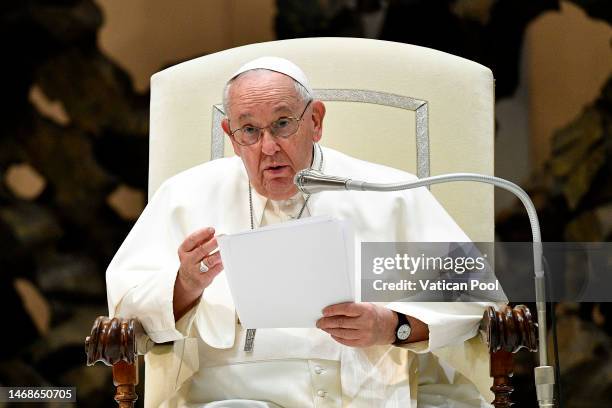 Pope Francis attends his weekly general audience at the Paul VI Hall on February 22, 2023 in Vatican City, Vatican. During his General Audience in...