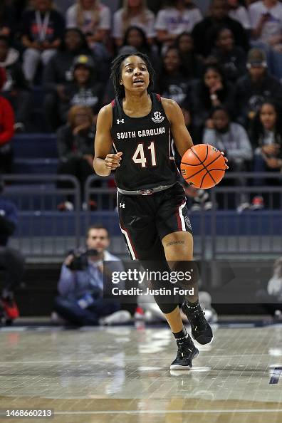 Kierra Fletcher of the South Carolina Gamecocks brings the ball up ...