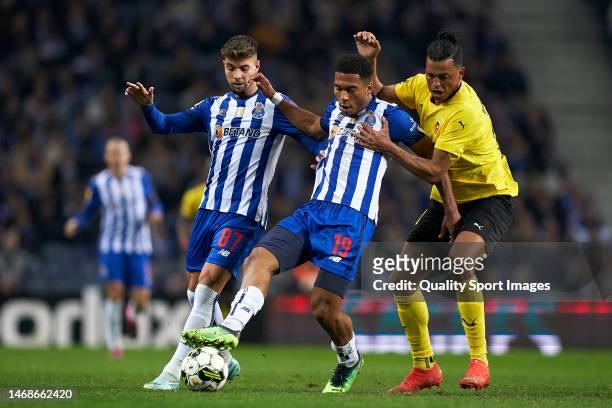Aderllan Santos of Rio Ave FC competes for the ball with Danny Namaso and Bernardo Folha of FC Porto during the Liga Portugal Bwin match between FC...