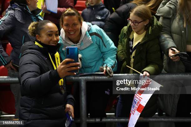 Lauren James of England interacts with the home supporters following the Arnold Clark Cup match between England and Belgium at Ashton Gate on...