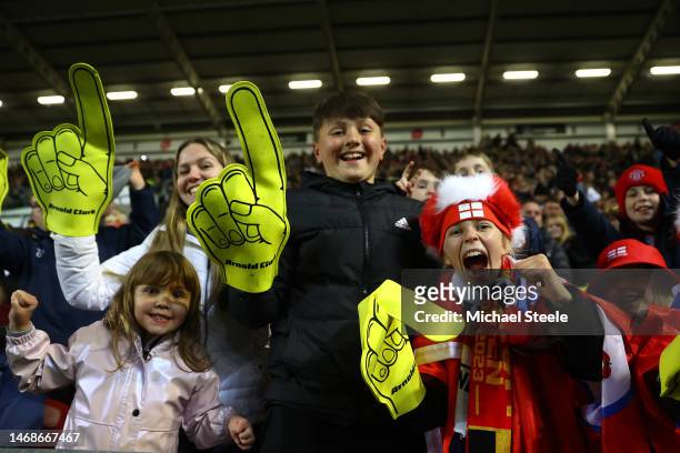 England fans show their support during the Arnold Clark Cup match between England and Belgium at Ashton Gate on February 22, 2023 in Bristol, England.
