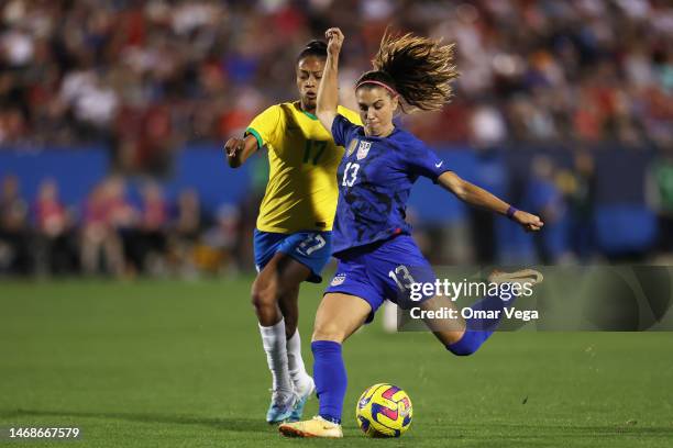 Alex Morgan of United States shoots to goal during a 2023 SheBelieves Cup match between United States and Brazil at Toyota Stadium on February 22,...