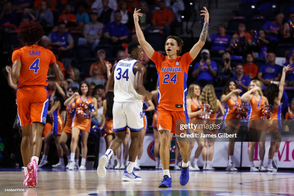 Florida Versus Riley Riley Kugel of the Florida Gators reacts after making a 3 point... News ...
