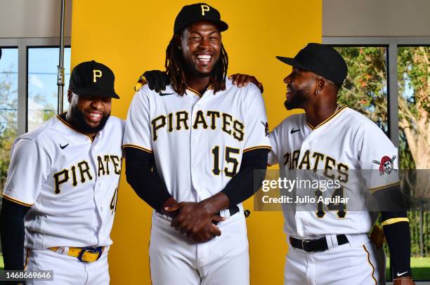 Carlos Santana, Oneil Cruz, and Rodolfo Castro of the Pittsburgh Pirates poses for a portrait during the 2023 Pittsburgh Pirates Photo Day at Pirate...