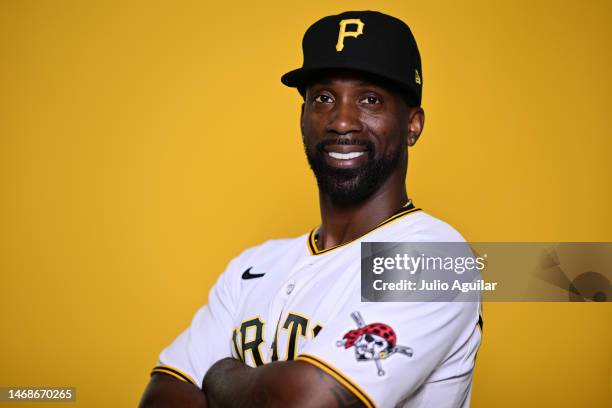 Andrew McCutchen of the Pittsburgh Pirates poses for a portrait during the 2023 Pittsburgh Pirates Photo Day at Pirate City on February 22, 2023 in...