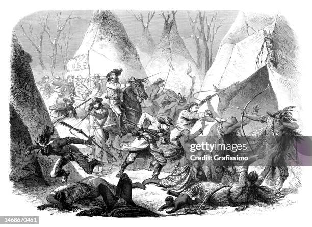 george armstrong custer fighting at battle of washita river 1868 - mass murder stock illustrations