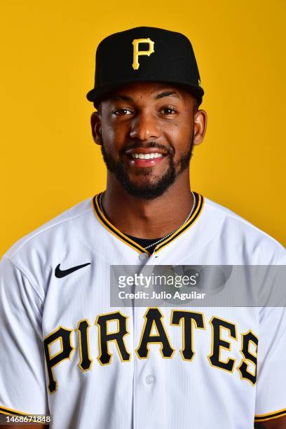 Miguel Andujar of the Pittsburgh Pirates poses for a portrait during the 2023 Pittsburgh Pirates Photo Day at Pirate City on February 22, 2023 in...