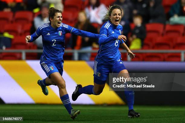 Martina Rosucci of Italy celebrates scoring the winning goal with Valentina Bergamaschi during the Arnold Clark Cup match between Korea Republic and...