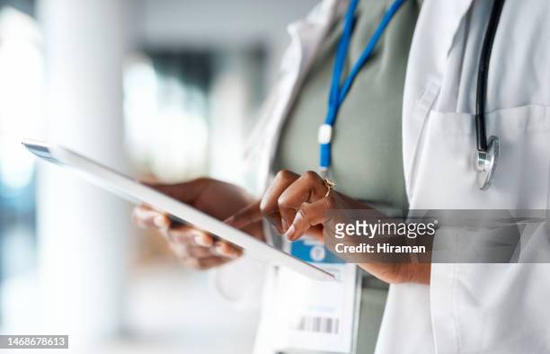 healthcare, doctor and tablet in hands at hospital for telehealth, research and online prescription. insurance, clinic and female with digital tech for medical report, data analysis and patient care - ipad close up imagens e fotografias de stock