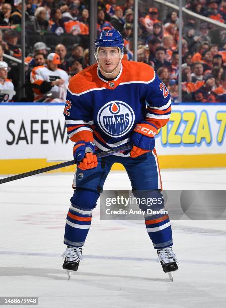 Tyson Barrie of the Edmonton Oilers awaits a face-off during the game against the Philadelphia Flyers on February 21, 2023 at Rogers Place in...