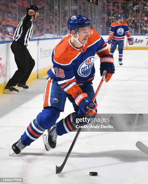 Zach Hyman of the Edmonton Oilers skates during the game against the Philadelphia Flyers on February 21, 2023 at Rogers Place in Edmonton, Alberta,...