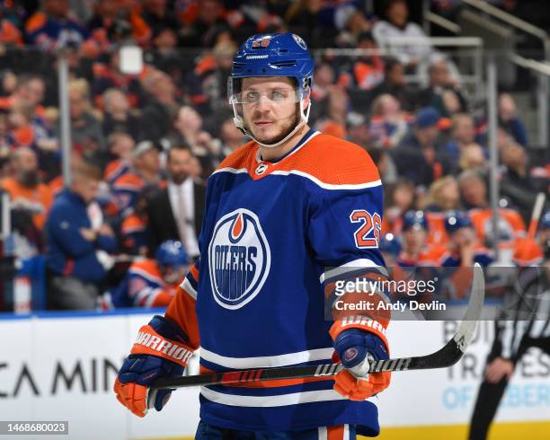 Mattias Janmark of the Edmonton Oilers awaits a face-off during the game against the Philadelphia Flyers on February 21, 2023 at Rogers Place in...