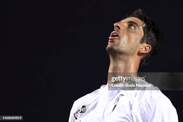 Thomaz Bellucci of Brazil reacts during a match against Sebastian Baez of Argentina during day three of ATP 500 Rio Open presented by Claro at Jockey...