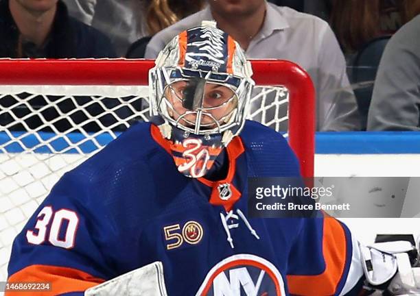 Ilya Sorokin of the New York Islanders makes the second period save against Adam Lowry of the Winnipeg Jets at the UBS Arena on February 22, 2023 in...