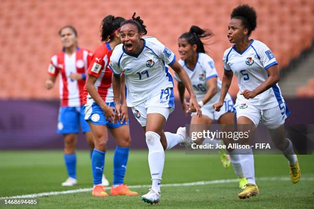 Lineth Cedeno of Panama celebrates scoring her team's first goal during the 2023 FIFA World Cup Play Off Tournament match between Paraguay and Panama...