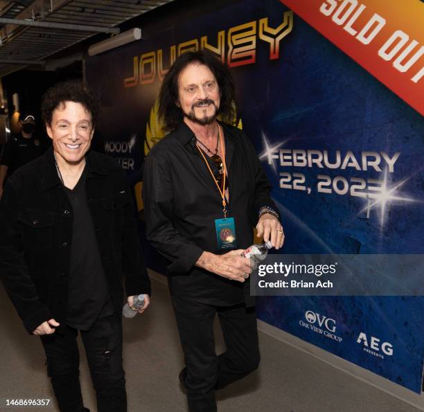 Journey founder Neal Schön and co-founder Gregg Rolie arrive at the Moody Center before Journey's 50th Anniversary Tour performance on February 22,...