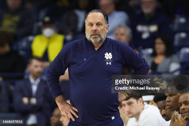 Head coach Mike Brey of the Notre Dame Fighting Irish reacts against the North Carolina Tar Heels during the first half at Purcell Pavilion at the...
