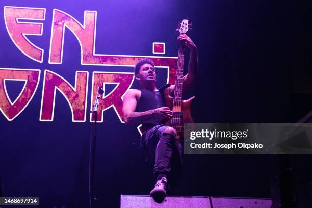 Turanga Morgan-Edmonds of the New Zealand metal band Alien Weaponry performs at Alexandra Palace on February 22, 2023 in London, England.