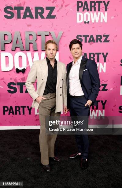 Ryan Hansen and Ken Marino attend the Red Carpet Premiere of STARZ's "Party Down" Season 3 at Regency Bruin Theatre on February 22, 2023 in Los...