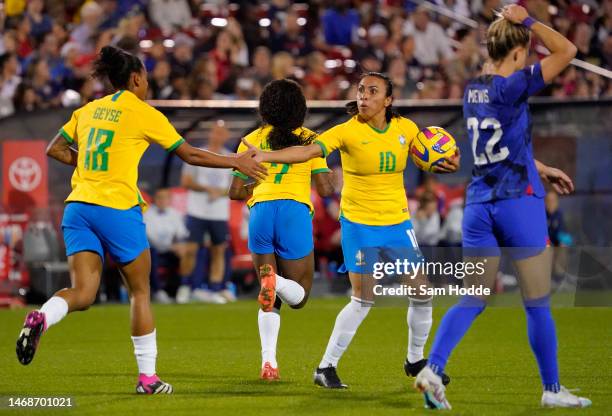 Ludmila of Brazil celebrates with Geyse and Marta after scoring a goal against the United States during the second half in the 2023 SheBelieves Cup...