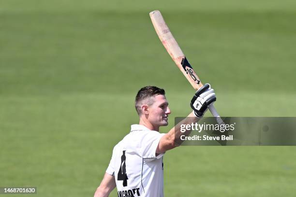 Cameron Bancroft of Western Australia celebrates scoring a century during the Sheffield Shield match between Tasmania and Western Australia at...