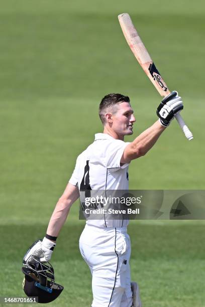 Cameron Bancroft of Western Australia celebrates scoring a century during the Sheffield Shield match between Tasmania and Western Australia at...