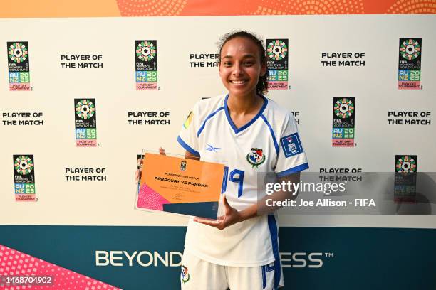 Lineth Cedeno of Panama poses for a photo after being named the Player of the Match during the 2023 FIFA World Cup Play Off Tournament match between...