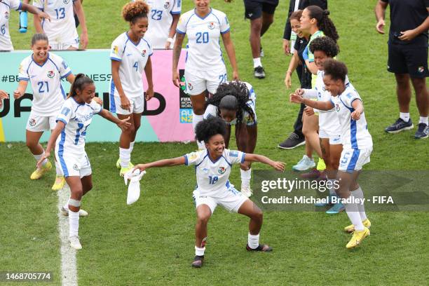 Panama celebrate after winning the 2023 FIFA World Cup Play Off Tournament match between Paraguay and Panama at Waikato Stadium on February 23, 2023...