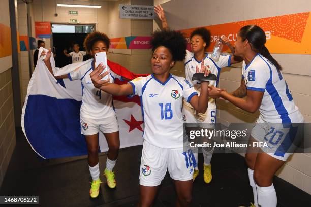 Panama celebrate after their victory and qualification for the 2023 FIFA Women's World Cup during the 2023 FIFA World Cup Play Off Tournament match...