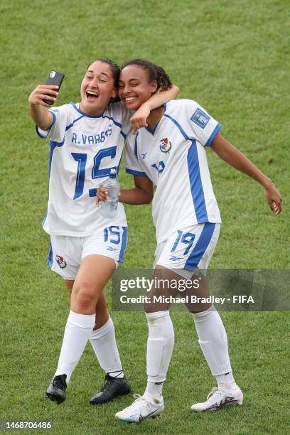 Rosario Vargas and Lineth Cedeno of Panama celebrate after the 2023 FIFA World Cup Play Off Tournament match between Paraguay and Panama at Waikato...