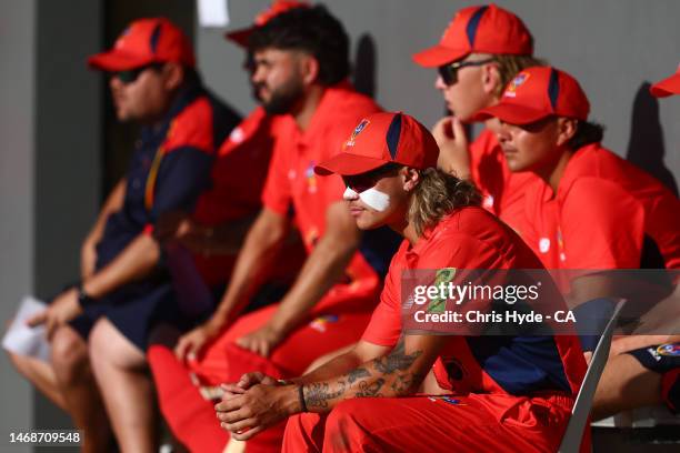 South Australia team look on during the 2023 National Indigenous Championships match between South Australia and Victoria at Traegar Park on February...