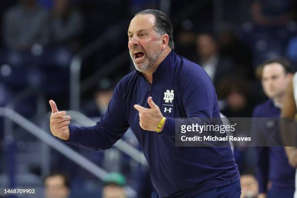 Head coach Mike Brey of the Notre Dame Fighting Irish reacts against the North Carolina Tar Heels during the second half at Purcell Pavilion at the...