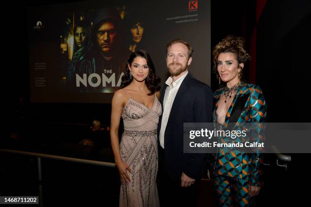 Lauren Biazzo, Dietrich Teschner and Vanessa Calderón attend "The Nomad" premiere at Regal Essex Crossing on February 22, 2023 in New York City.