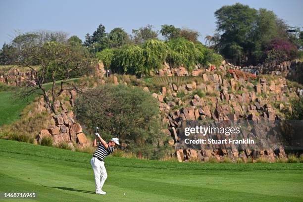 General view as Simon Forsstrom of Sweden plays their second shot on the 14th hole during Day One of the Hero Indian Open at Dlf Golf and Country...