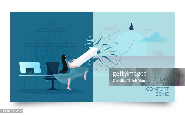 woman moving out of his comfort zone concept - breaking and exiting stock illustrations