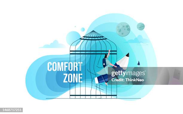geschäftsfrau versucht oder rennt aus dem entriegelungskäfig und der komfortzone - komfortzone stock-grafiken, -clipart, -cartoons und -symbole