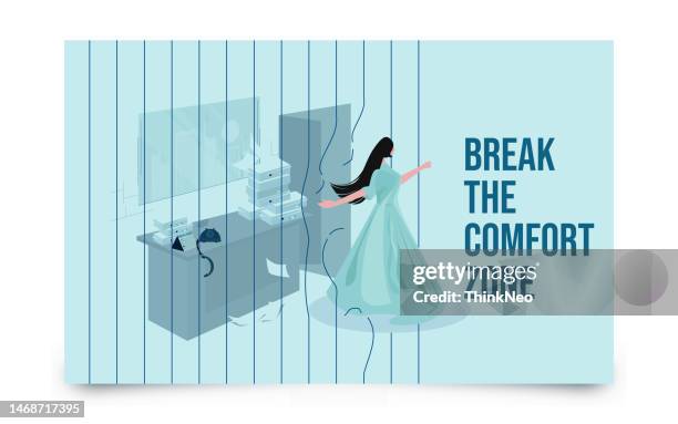 women break cage and comfort zone concept - breaking and exiting stock illustrations